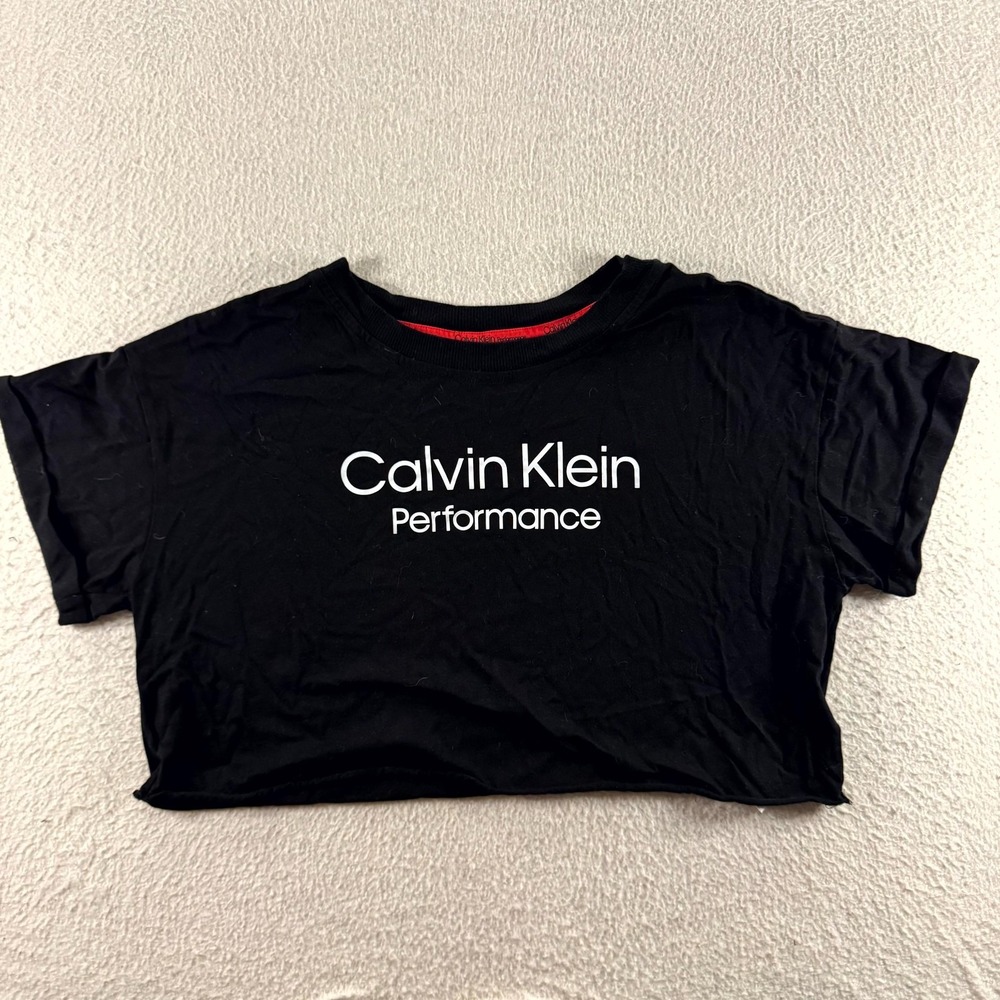 Calvin Klein Performance Crop Top Women Size M Black Logo Raw Edge Hem Tee